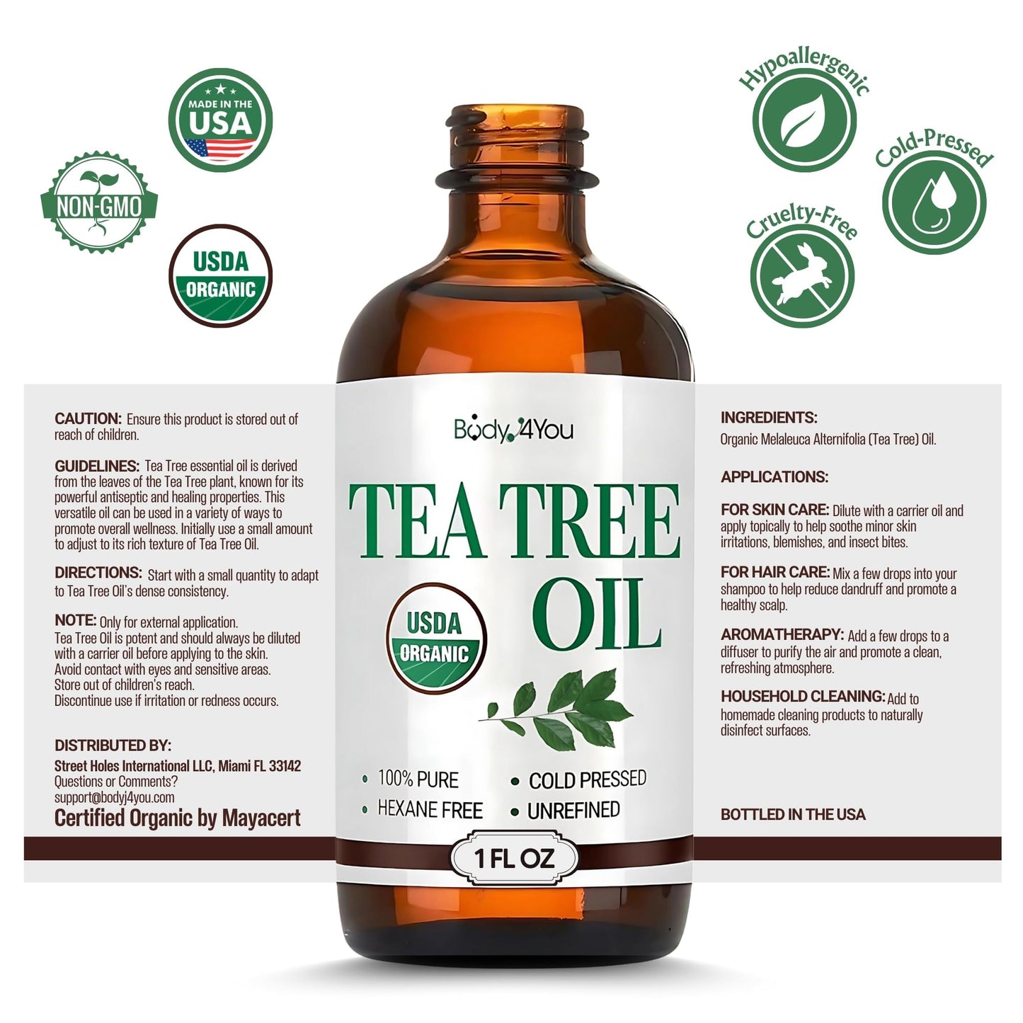 BodyJ4You Pure Tea Tree Oil – 100% Natural USDA Organic Essential Oil 1 Fl Oz