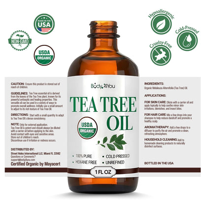 BodyJ4You Pure Tea Tree Oil – 100% Natural USDA Organic Essential Oil 1 Fl Oz
