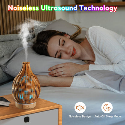 Boho Essential Oil Diffuser with Remote – 100mL, Rattan Weaving, 7-Color Lights