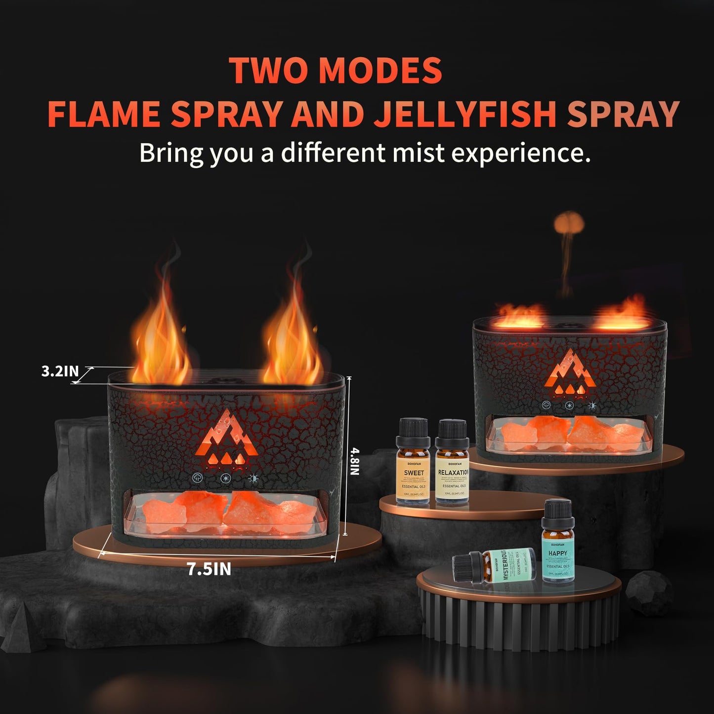 BOHOFAM Essential Oil Diffuser with Himalayan Salt Lamp - Double Flame & Jellyfish (Black)