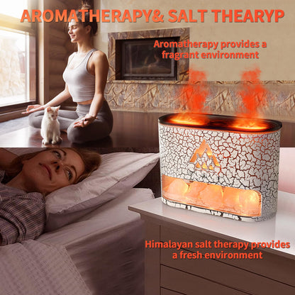 BOHOFAM Essential Oil Diffuser with Himalayan Salt Lamp – White, Dual Flame & Jellyfish, 4x10ml Oils