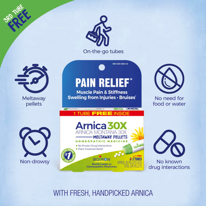 Boiron Arnica Montana 30X Homeopathic Pain Relief – Muscle Pain, Stiffness & Bruising (3 Count, 240 Pellets)