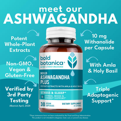 Bold Botanica Ashwagandha Plus – Stress, Mood, Memory & Energy Support | Triple Adaptogenic Formula | 30 Vegan Caps