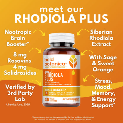Bold Rhodiola Plus | Siberian Rhodiola Rosea Extract (3% Rosavins, 1% Salidroside) | Adaptogen Supplement