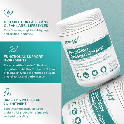 Bonavit BonaGlow Multi-Source Collagen Powder – 44 Servings | Vitamin C, Probiotics, Digestive Enzymes