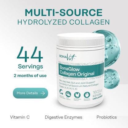 Bonavit BonaGlow Multi-Source Collagen Powder – 44 Servings | Vitamin C, Probiotics, Digestive Enzymes