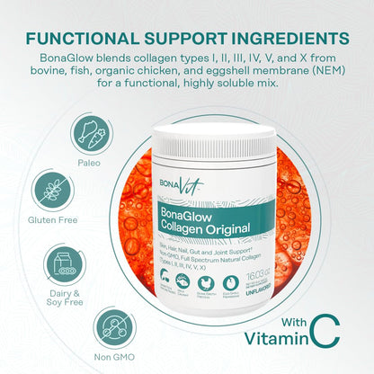 Bonavit BonaGlow Multi-Source Collagen Powder – 44 Servings | Vitamin C, Probiotics, Digestive Enzymes