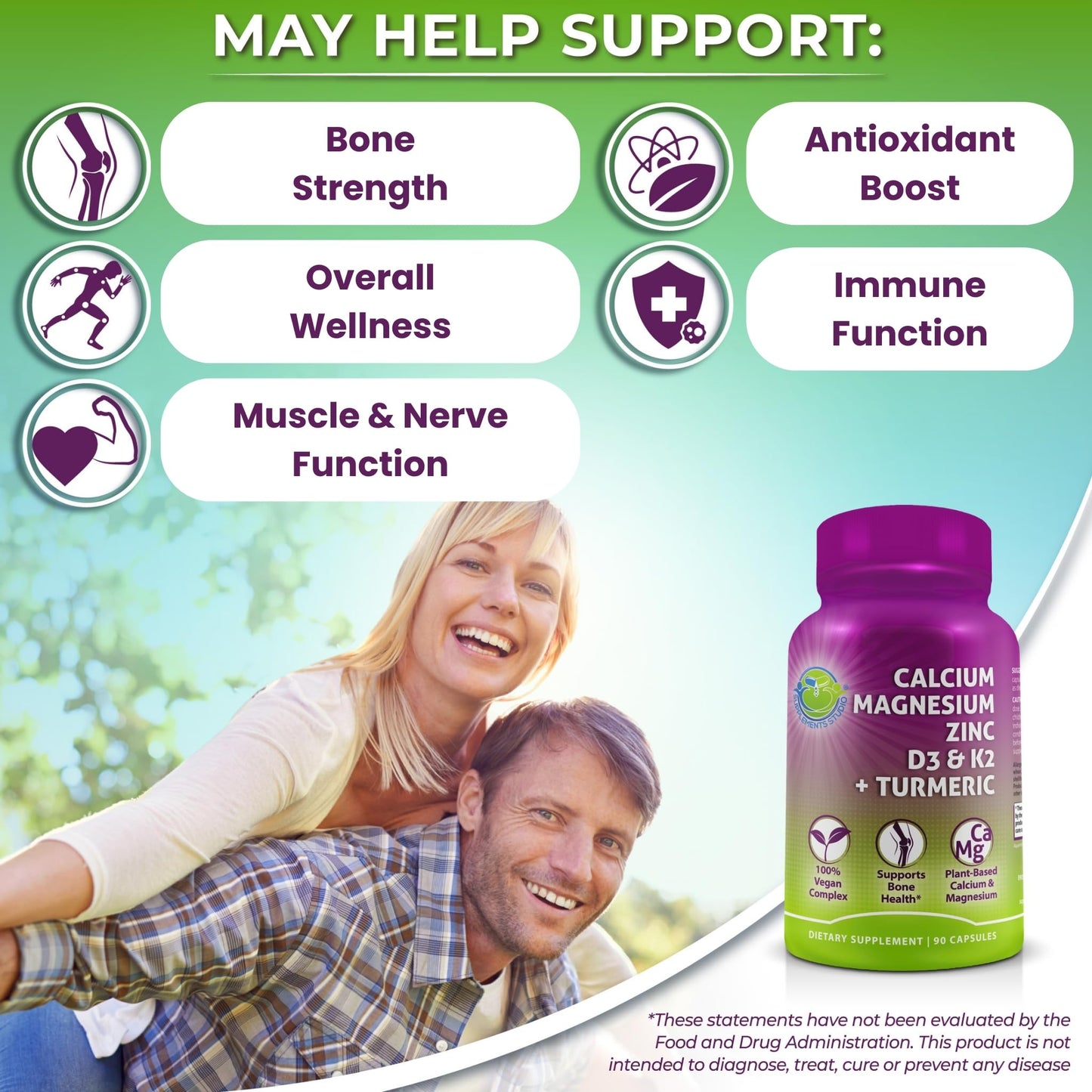 Plant-Based Calcium 500mg (Aquamin) – Vegan CaMgZnD3 + K2, Turmeric (90 ct)
