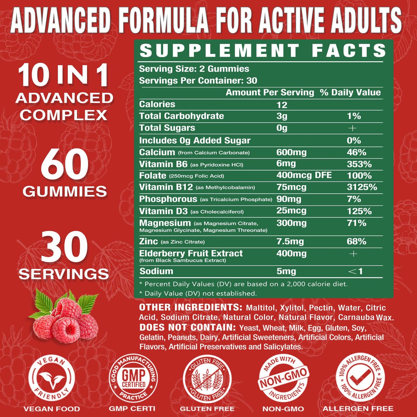 Calcium Magnesium Zinc Gummies with Vitamin D3 – Sugar Free, Vegan Raspberry 2 Pack