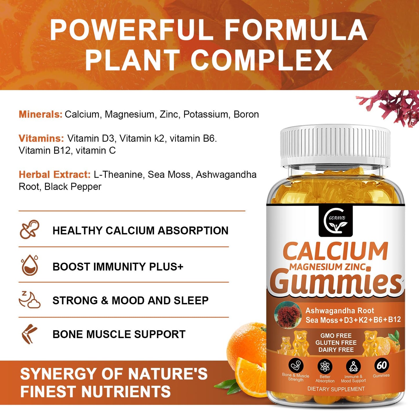 1200mg Calcium Gummies with D3, K2, B12 & B6 – Plant Complex Calcium Magnesium with Sea Moss