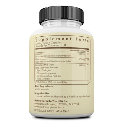 Ancestral Supplements Grass-Fed Beef Living Bone Supplement - Bone Health, Joint Support, Non-GMO, 180 Capsules