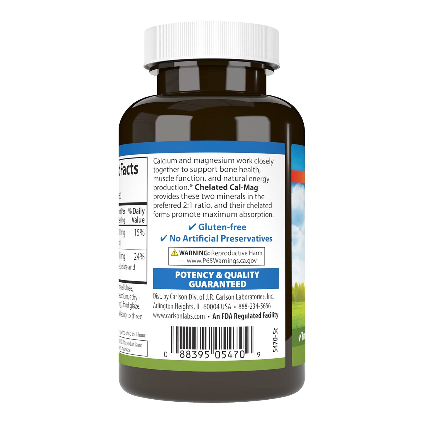 Carlson Chelated Cal-Mag 2:1 Calcium:Magnesium – Bone Support, Muscle Function & Energy Production, 60 Tablets
