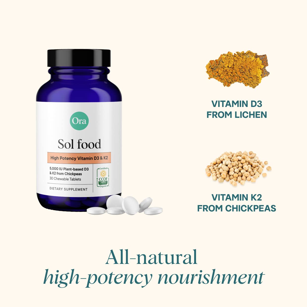 Ora Organic Vitamin D3 5000IU + K2 – Vegan D3 from Lichen, K2 from Chickpeas | 30 Chewable Tablets