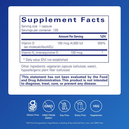 Vitamin D3 & K2 120 Capsules | Pure Encapsulations – Bone, Vascular & Immune Support (Gluten Free, Non-GMO)
