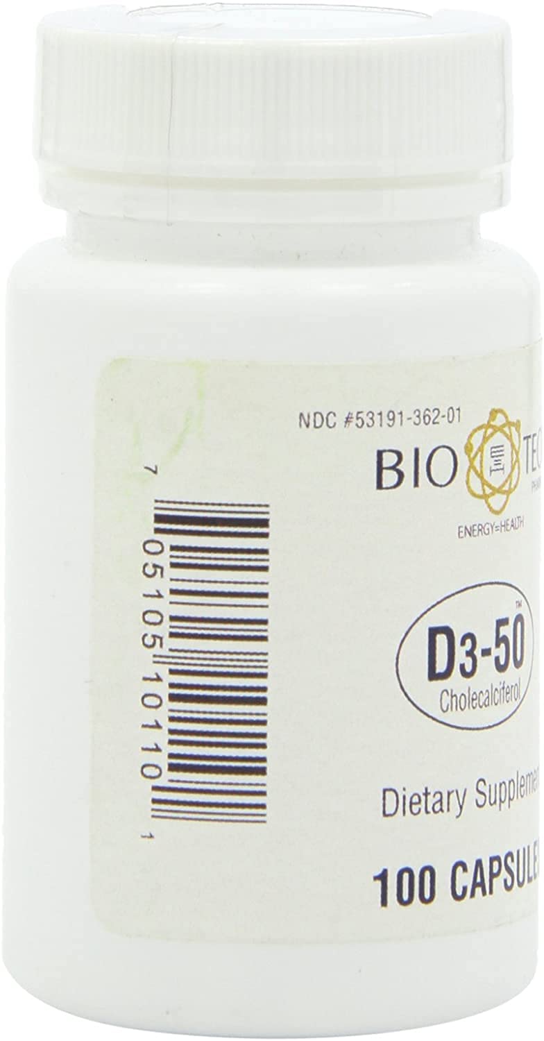 Bio-Tech Pharmacal D3-50 50,000 IU – 100 Caps | Vitamin D3 for Bone, Heart & Immune Health