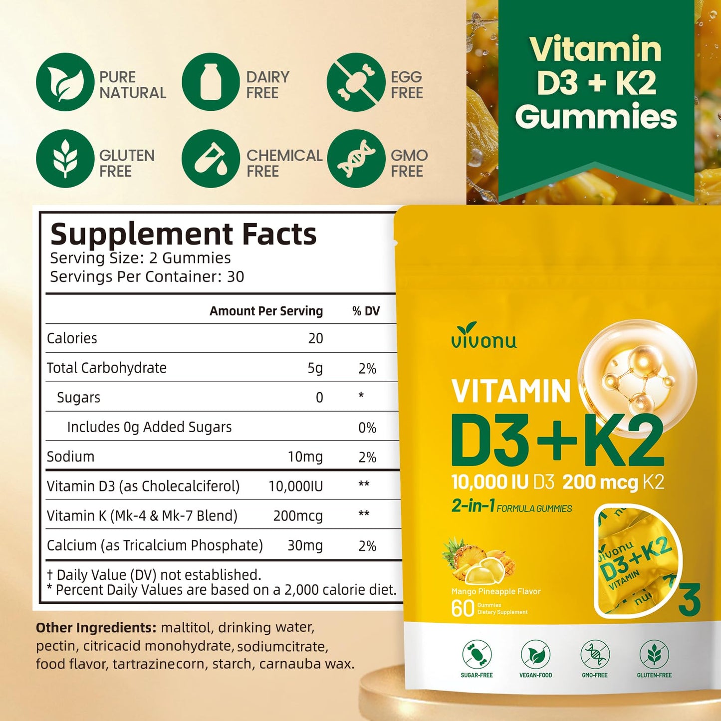 Vitamin D3 K2 Gummies 10000 IU + MK7-200 mcg | 60 Gummies