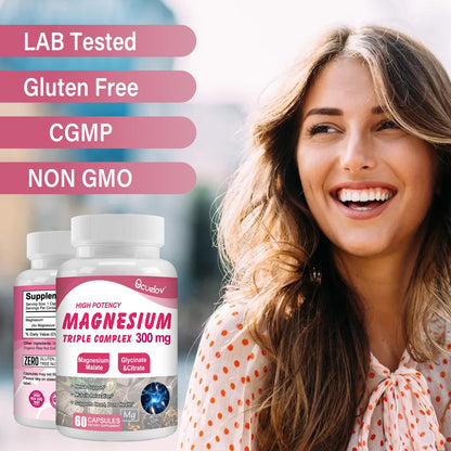 Triple Magnesium Complex 300mg – Glycinate, Malate & Citrate | 60 Caps | Vegan & Non-GMO