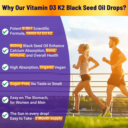 Vitamin D3 K2 Drops 10000IU with Organic Black Seed Oil – 6-in-1 Liquid (2 oz)