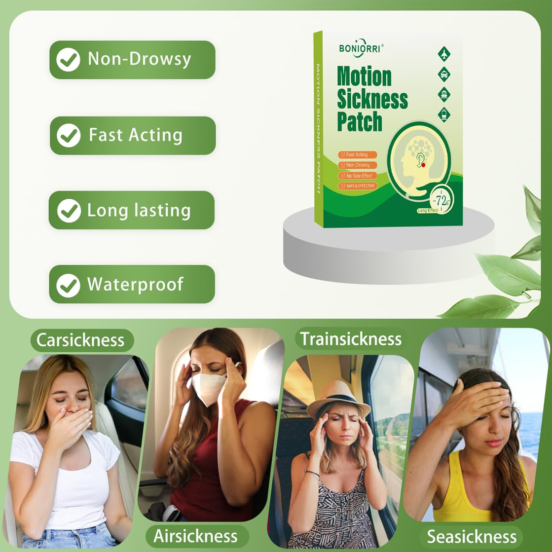 BONIORRI Motion Sickness Patches | Non-Drowsy Sea Sickness Patches, 36 Count