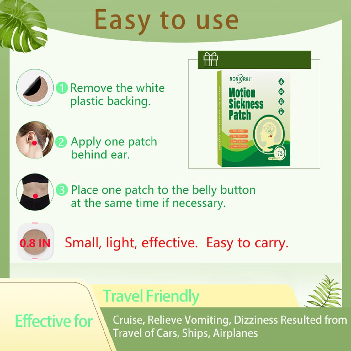 BONIORRI Motion Sickness Patches | Non-Drowsy Sea Sickness Patches, 36 Count