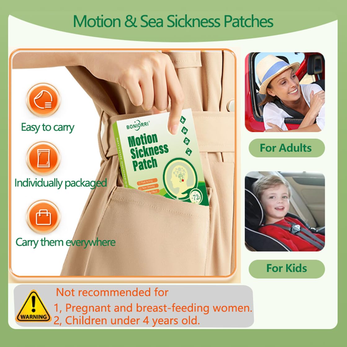 BONIORRI Motion Sickness Patches - Non-Drowsy Sea & Travel Relief (24 Count)