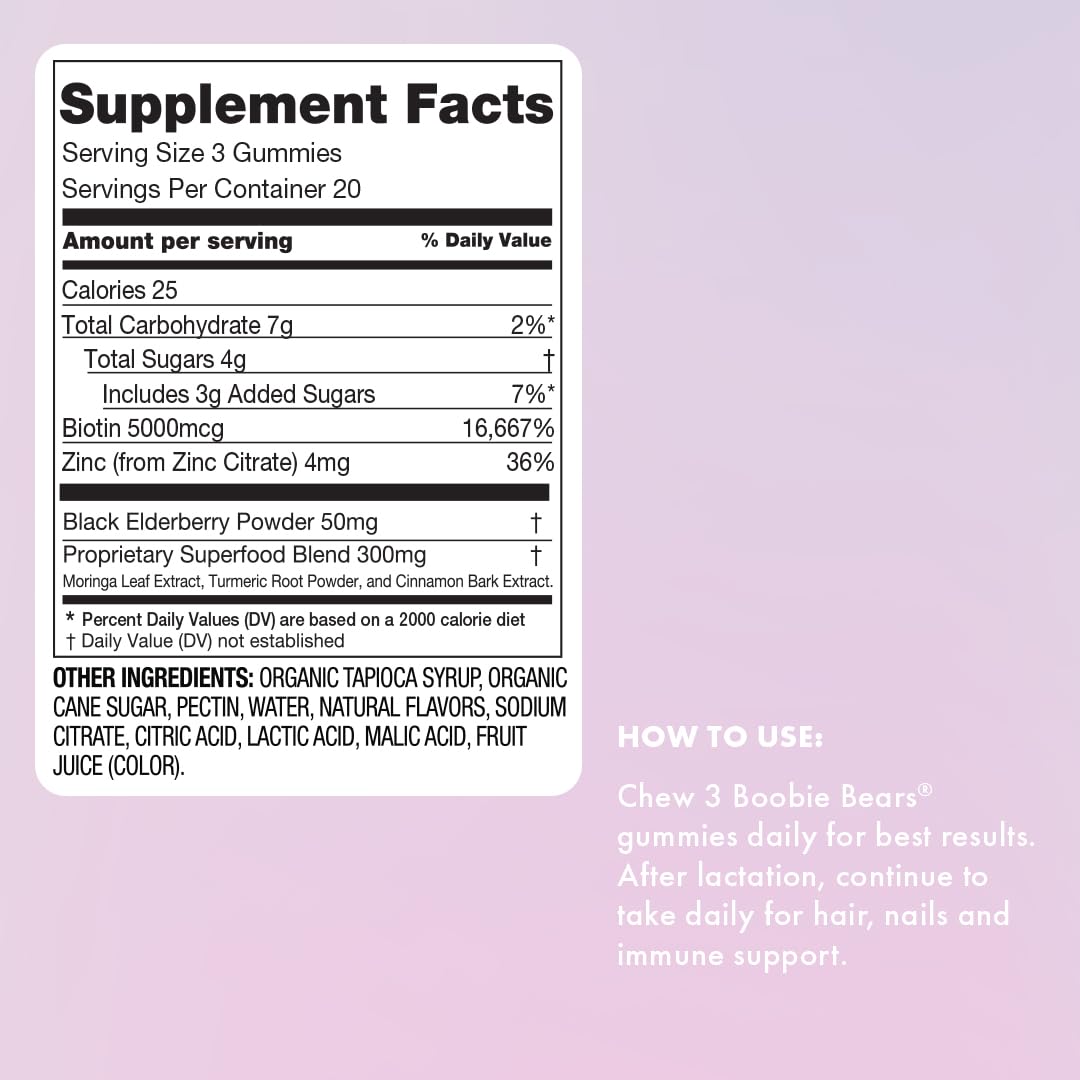 Boobie Bears Lactation Gummies | Milk Supply Boost, Immunity & Hair Growth | 120 Count