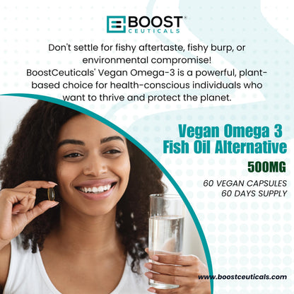 BoostCeuticals Vegan Omega 3 Supplement 500mg DHA EPA Vegan Softgels - No Stearates Non GMO Gluten Free | 60 Ct Heart and Brain Health
