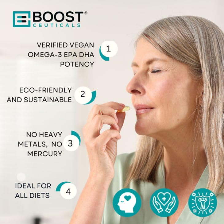 BoostCeuticals Vegan Omega 3 Supplement 500mg DHA EPA Vegan Softgels - No Stearates Non GMO Gluten Free | 60 Ct Heart and Brain Health