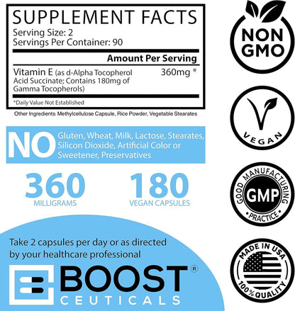 BoostCeuticals Vegan Vitamin E Gamma Tocopherol – 180mg Gamma E per Serving – Non-GMO, Gluten Free – 180 Capsules