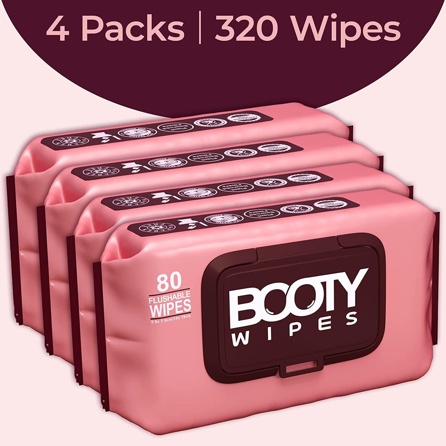 BOOTY WIPES Flushable Wipes Women - 320 Count (4x80) Aloe & Vitamin E, pH Balanced