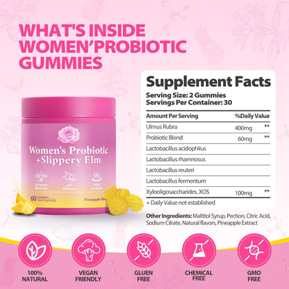 BOSNETHUINH Feminine Probiotics Gummies – Slippery Elm, pH Balance & Gut Health (60 Count)