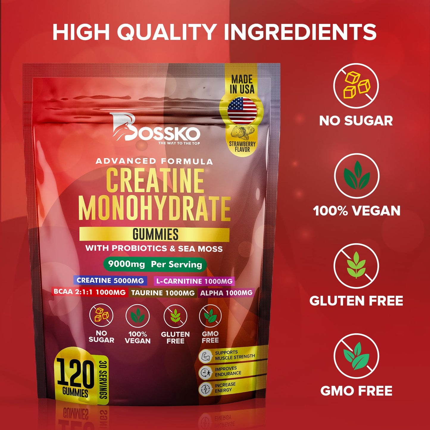 BOSSKO Creatine Monohydrate Gummies 9g – 120 Count, Vegan & Non-GMO