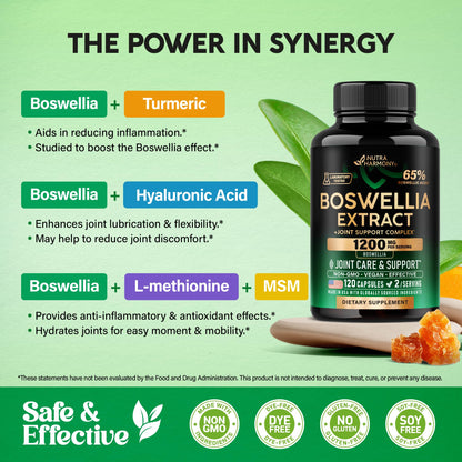 Boswellia 1200mg - 65% Boswellic Acid | Joint Health & Mobility | Turmeric, MSM & Hyaluronic Acid | Made in USA - 120 Capsules