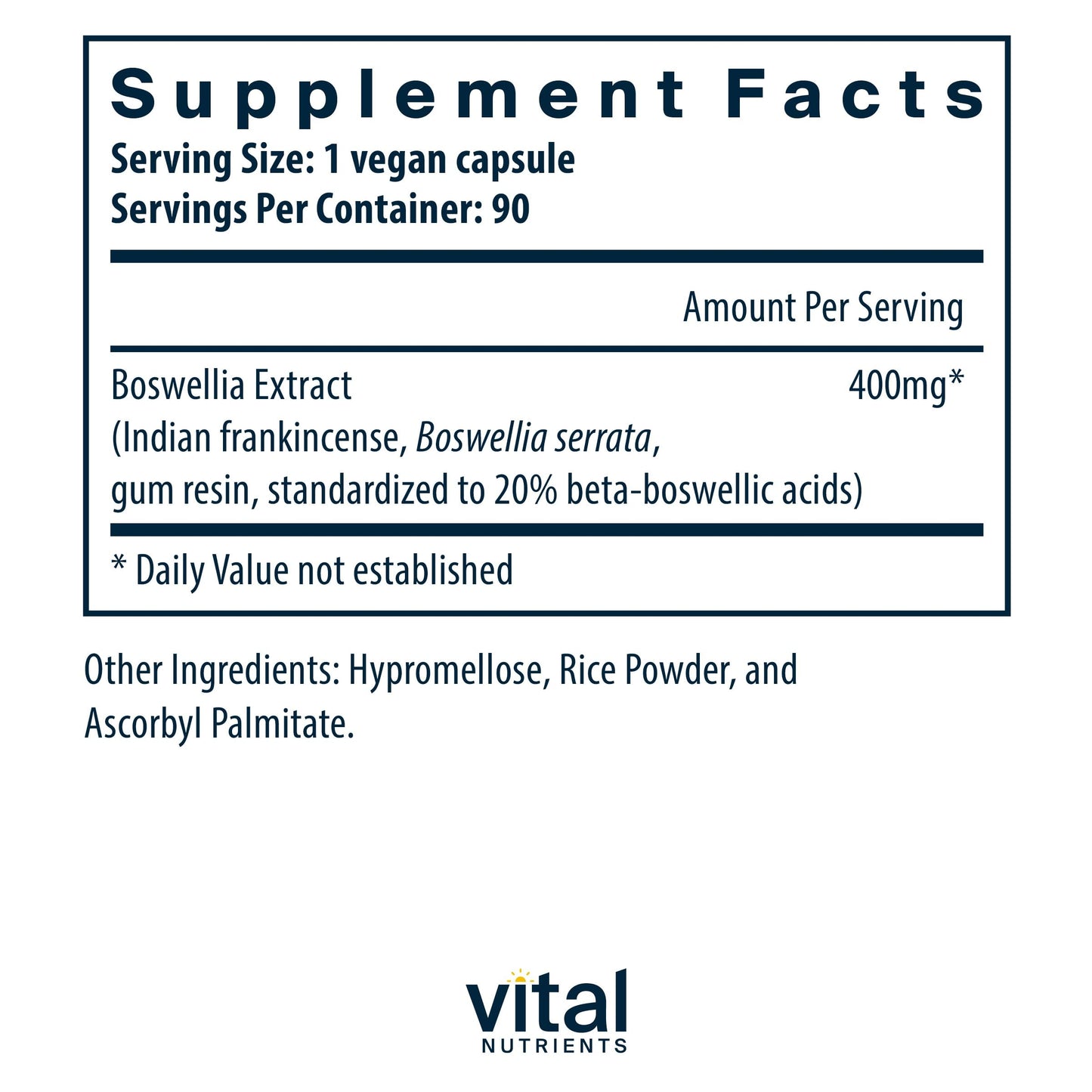 Vital Nutrients Boswellia Extract 400mg | Boswellia Capsules for Joint, Immune & Digestive Health | Gluten Free, Non-GMO | 90 Capsules