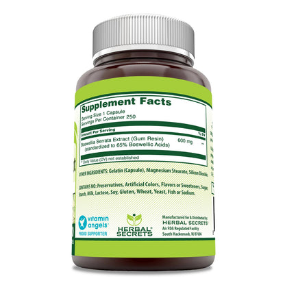 Herbal Secrets Boswellia Serrata Extract 65% Boswellic Acids, 600 mg Capsules – 250 Count | Non-GMO, Gluten Free