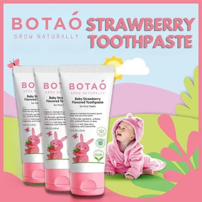 BOTAO Fluoride Free Baby Toothpaste | Natural Toddler Toothpaste | Strawberry Flavored - Training Toothpaste for Toddlers | EWG Verified, Vegan, SLS Free, Safe to Swallow, Aloe Vera (3 Pack)