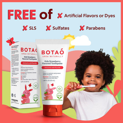 BOTAO Kids Toothpaste | Natural Strawberry Flavor | Anticavity Fluoride (2 Pack) | EWG Verified, Vegan, SLS Free