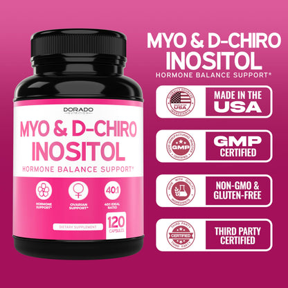 Myo-Inositol & D-Chiro Inositol for Women – 120 Caps, 40:1 Ratio, Hormone Balance, USA Made