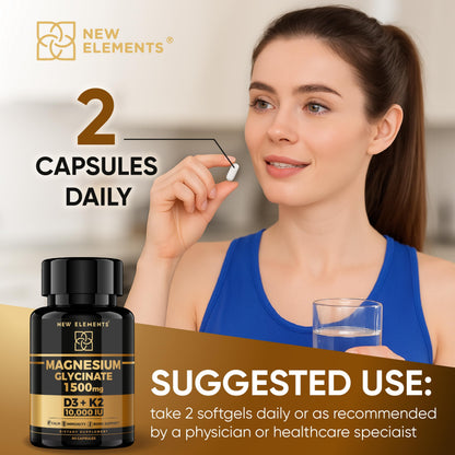 Magnesium Glycinate 1500mg + D3/K2 (10,000 IU) | 60 Vegan Capsules