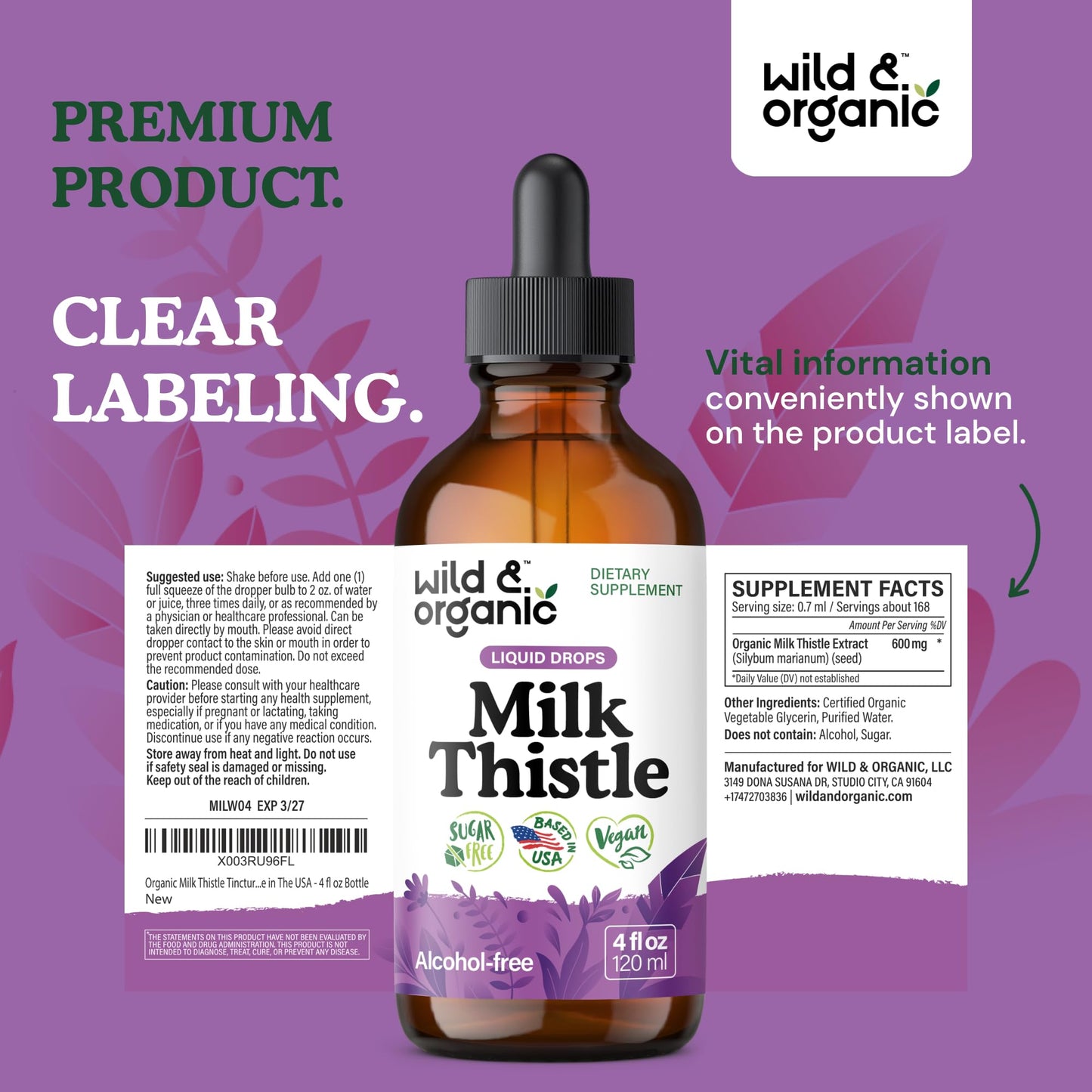 Wild & Organic Milk Thistle Liquid Drops - Liver Cleanse Detox - Silymarin Milk Thistle Supplement for Liver Support - Silybum Marianum Seed Extract Tincture - Vegan, Sugar & Alcohol-Free - 4 fl oz