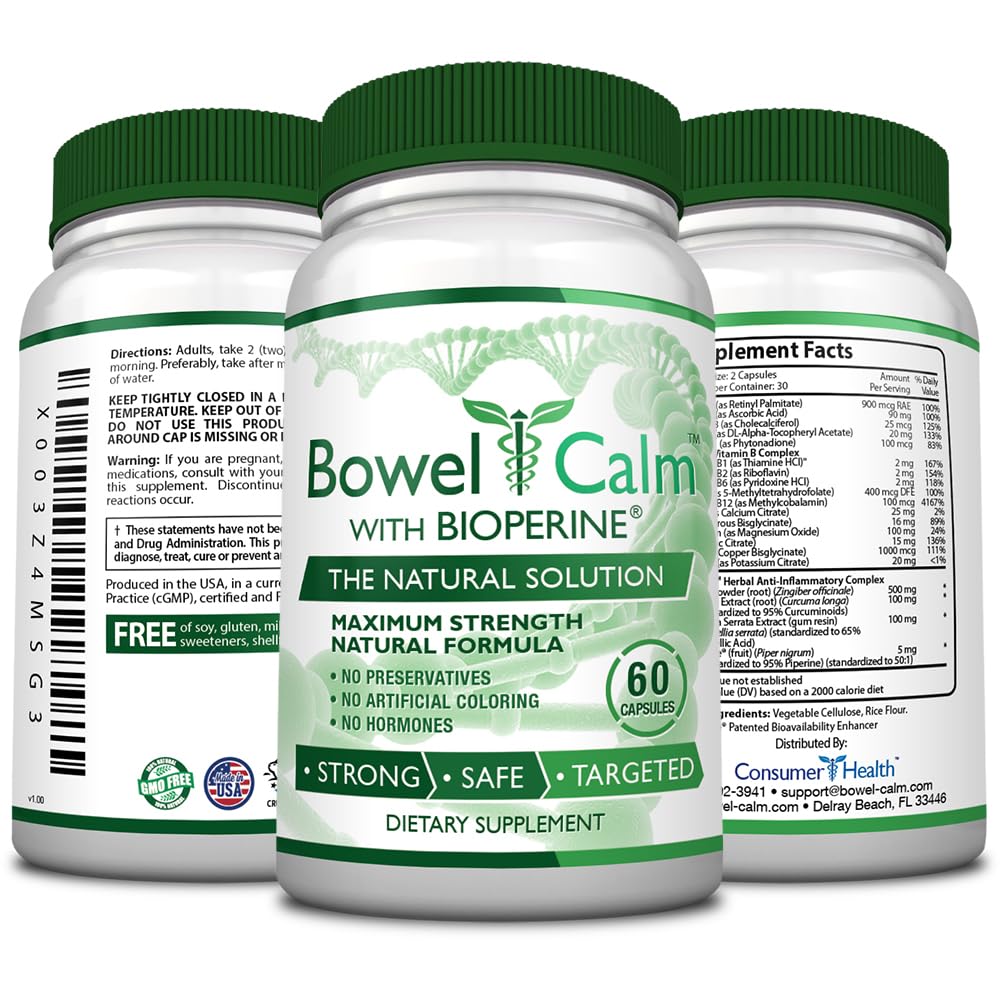 Bowel Calm: Ginger, Turmeric, Boswellia, BioPerine - One Month Supply - Non-GMO