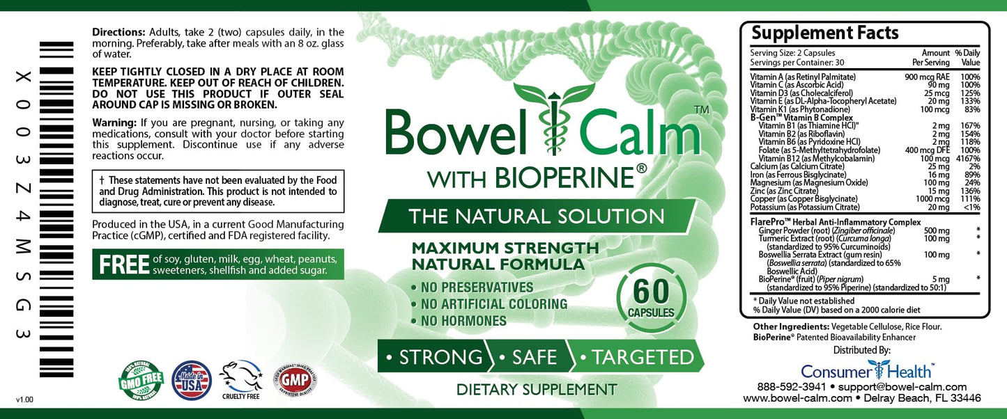 Bowel Calm: Ginger, Turmeric, Boswellia, BioPerine - One Month Supply - Non-GMO