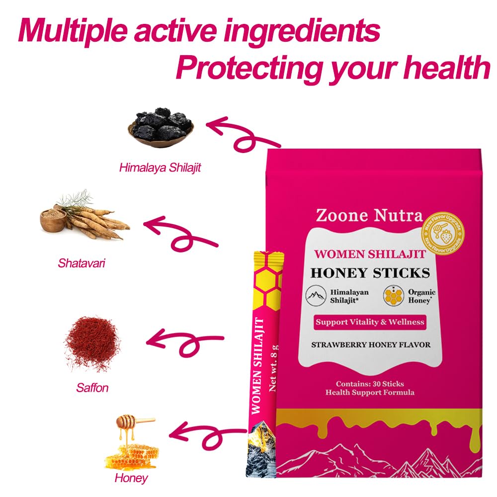 Shilajit Honey Sticks for Women – Strawberry Flavor | Energy, Balance & Focus | 30 Sticks