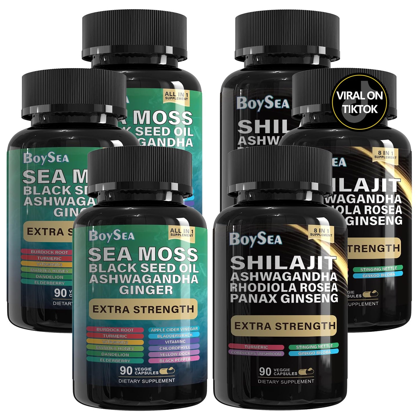 Boysea Shilajit & Sea Moss Bundle – 90 Count | All-in-1 Capsules with Shilajit, Sea Moss, Ashwagandha, Ginger & Rhodiola