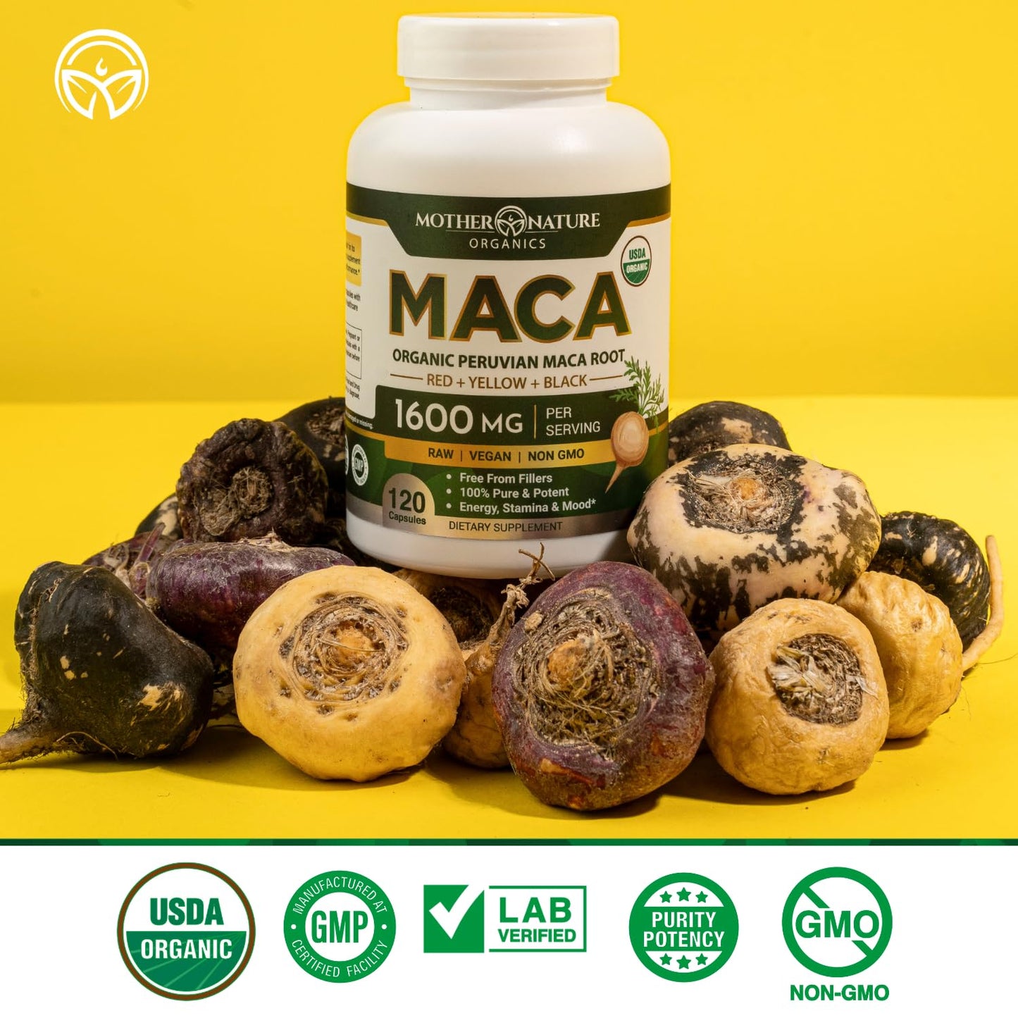 Mother Nature Organic Maca Root Capsules 1600mg – 120 Vegan, Peru Tri-Color Maca
