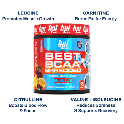 BPI Sports Best BCAA Shredded – Caffeine Free Thermogenic BCAA Powder | Lean Muscle, Fat Metabolism | Fruit Punch, 25 Servings