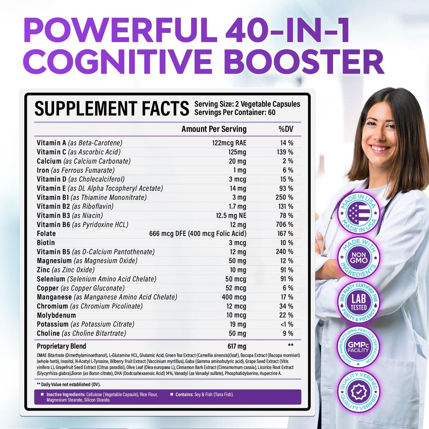 40-in-1 Brain Booster for Memory, Focus & Clarity | Natural Nootropic Brain Support with DMAE, Bacopa Monnieri – 120 V Capsules