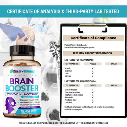 40-in-1 Brain Booster for Memory, Focus & Clarity | Natural Nootropic Brain Support with DMAE, Bacopa Monnieri – 120 V Capsules