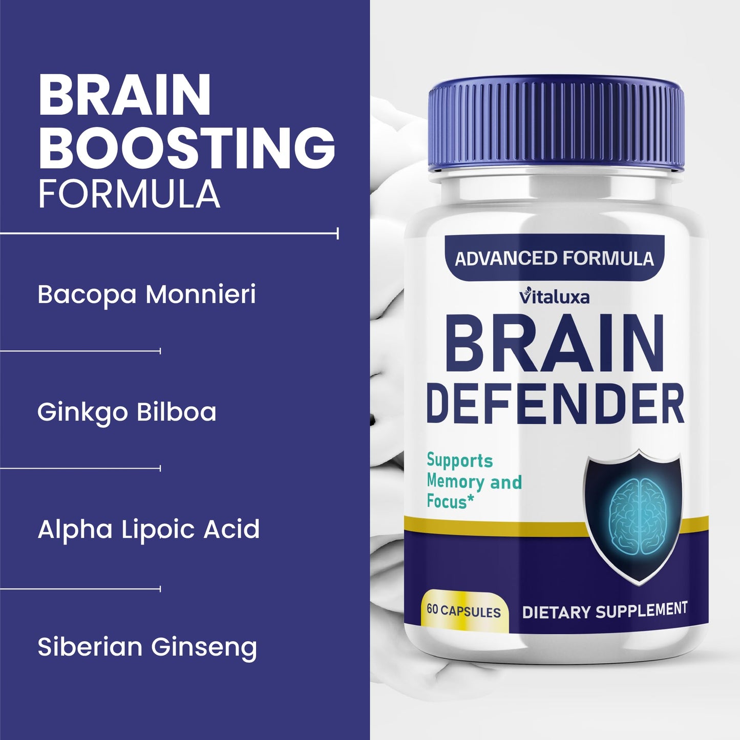 Brain Defender Supplement – Focus & Memory Nootropic Capsules (60 Count)