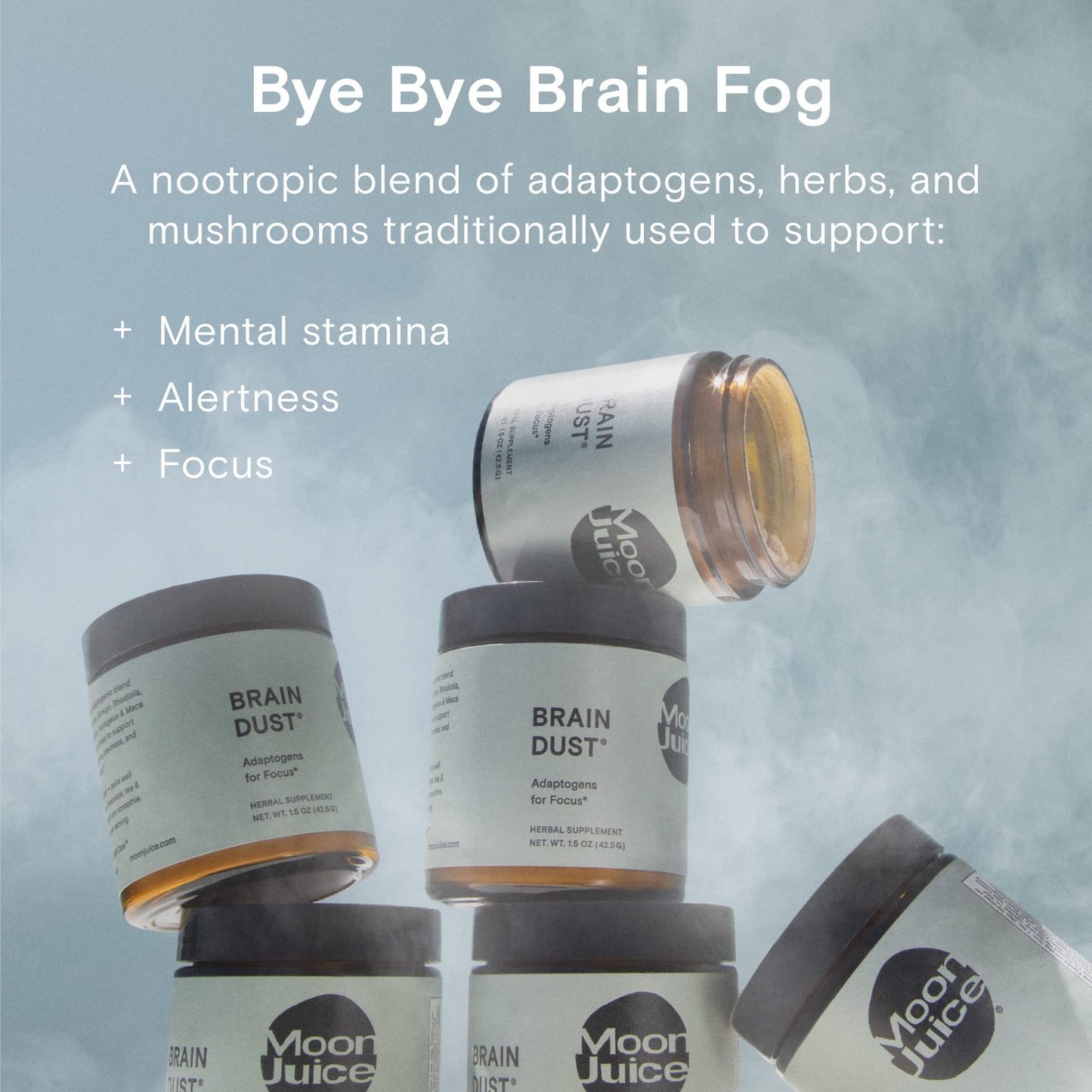 Moon Juice Brain Dust - Adaptogenic Mushroom Support for Focus, Memory & Clarity | Lion’s Mane, Ginkgo Biloba & Ashwagandha - Caffeine-Free, Vegan - 1.5 oz